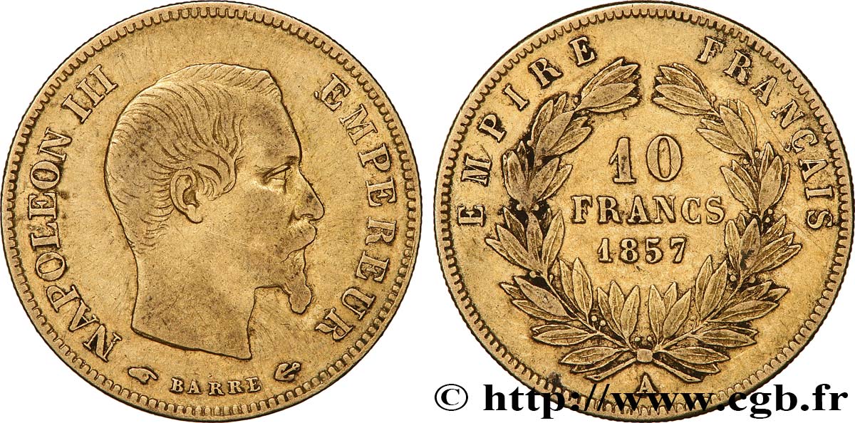 10 francs or Napoléon III, tête nue 1857 Paris F.506/4 q.BB 