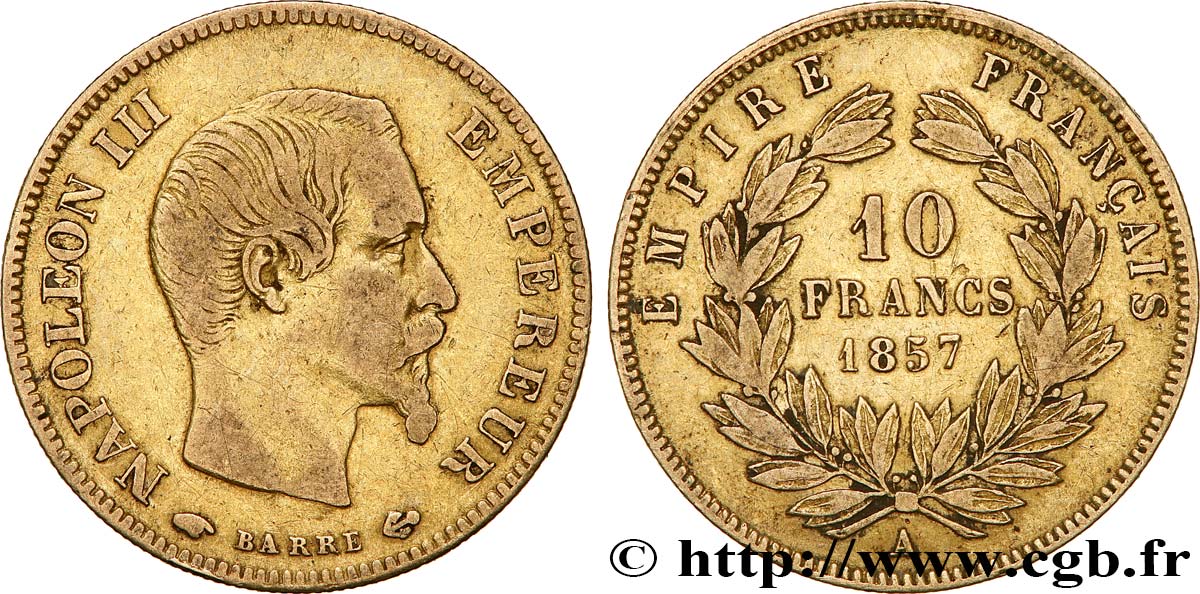 10 francs or Napoléon III, tête nue 1857 Paris F.506/4 BC 