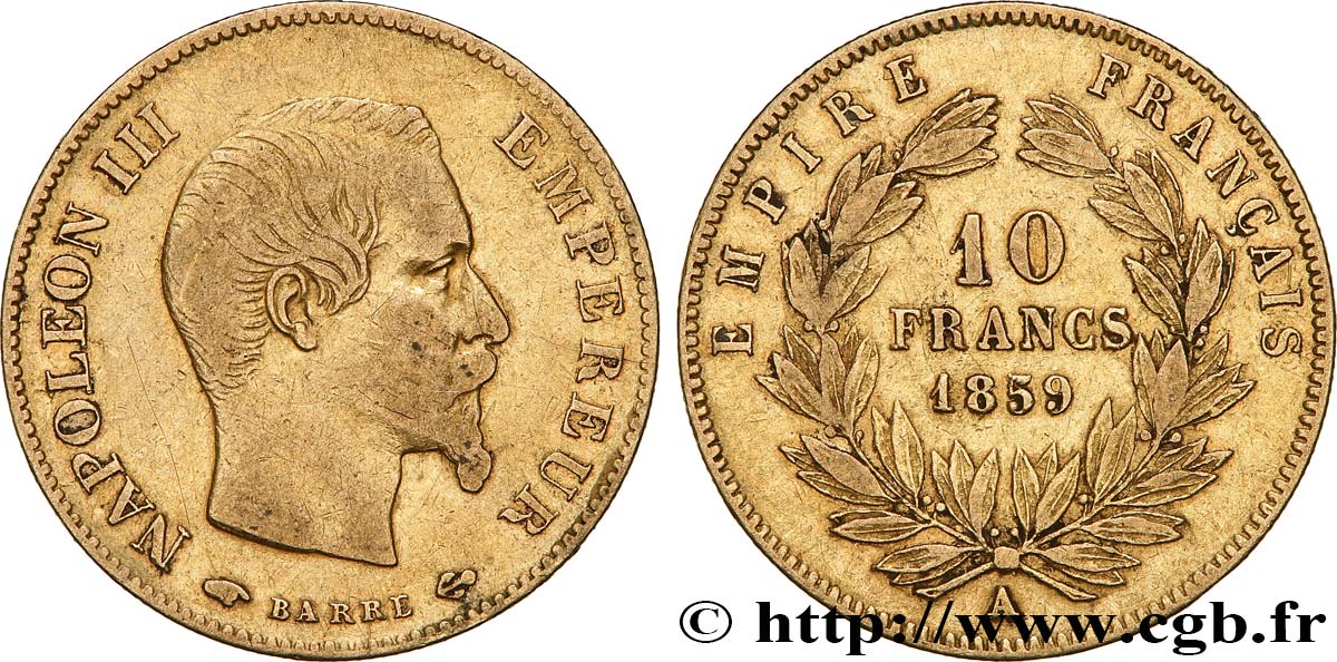 10 francs or Napoléon III, tête nue 1859 Paris F.506/7 TB+ 
