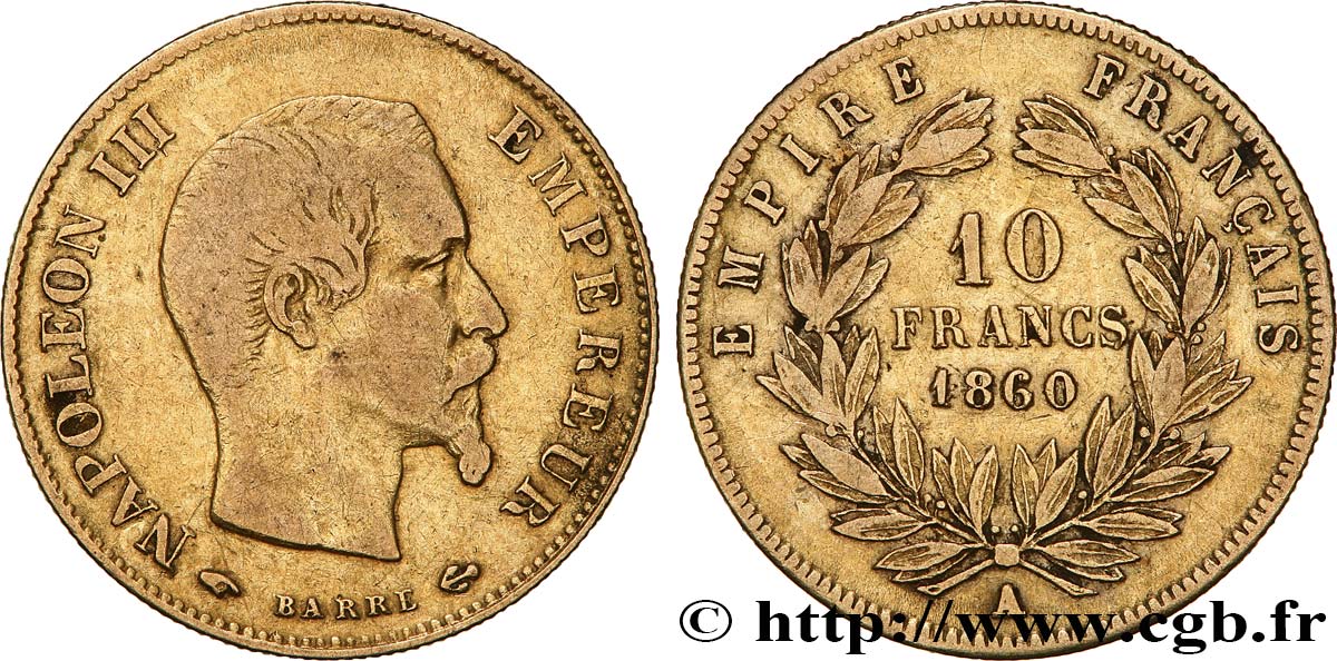 10 francs or Napoléon III, tête nue 1860 Paris F.506/9 VF 