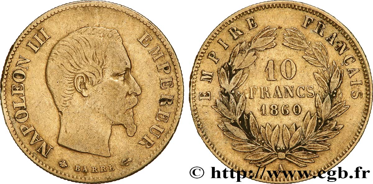 10 francs or Napoléon III, tête nue 1860 Paris F.506/10 S 
