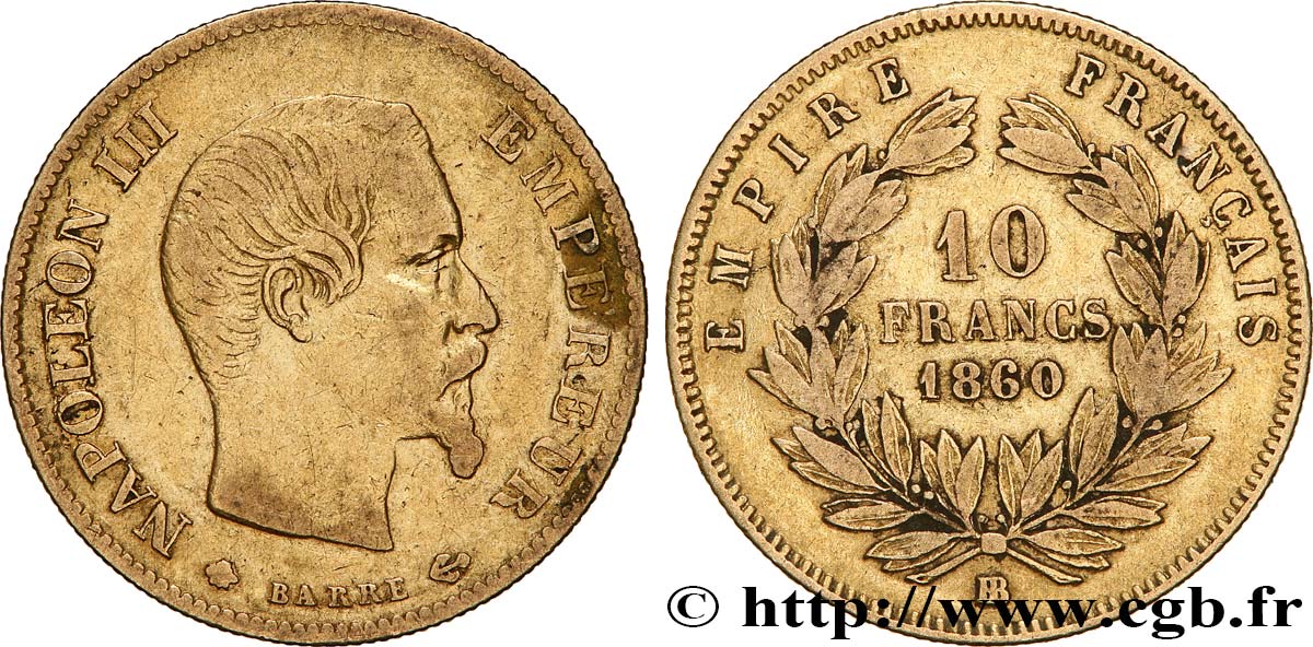 10 francs or Napoléon III, tête nue 1860 Strasbourg F.506/11 VF 