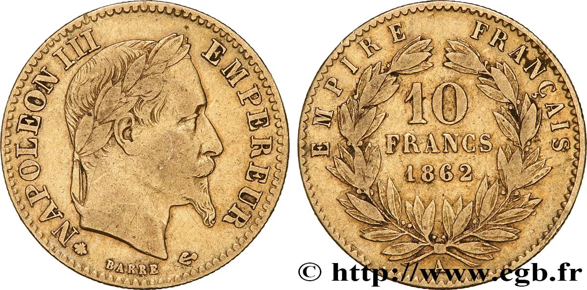 10 francs or Napoléon III, tête laurée, type définitif à grand 10 1862 Paris F.507A/1 VF 