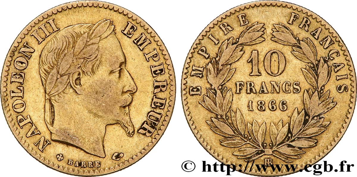 10 francs or Napoléon III, tête laurée 1866 Strasbourg F.507A/13 BC+ 