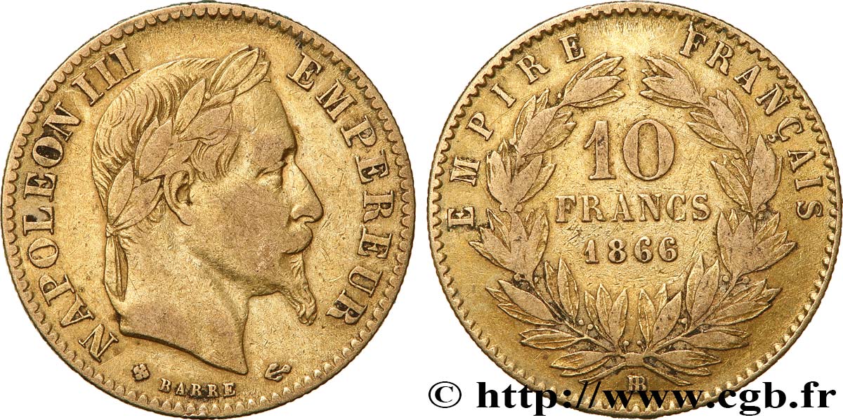 10 francs or Napoléon III, tête laurée 1866 Strasbourg F.507A/13 fSS 