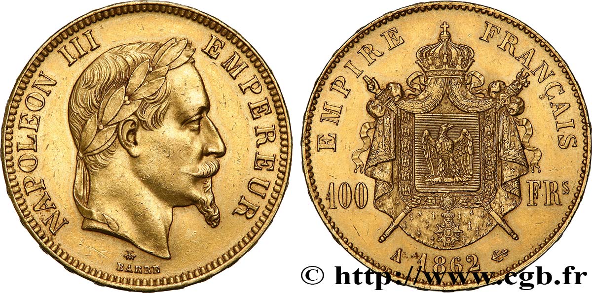 100 francs or Napoléon III, tête laurée 1862 Paris F.551/1 MS60 