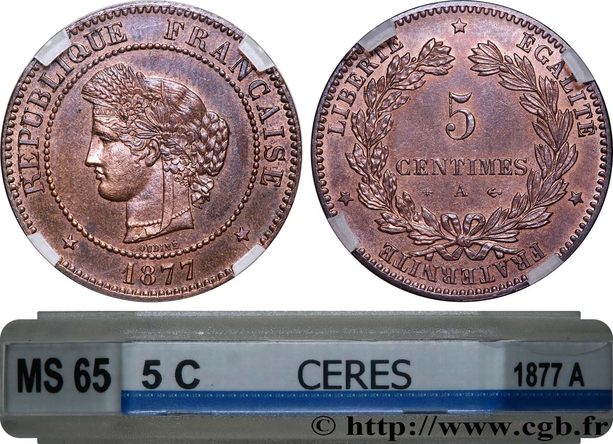 5 centimes Cérès 1877 Paris F.118/15 FDC65 GENI