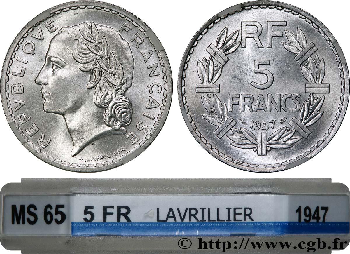 5 francs Lavrillier, aluminium 1947  F.339/9 MS65 GENI