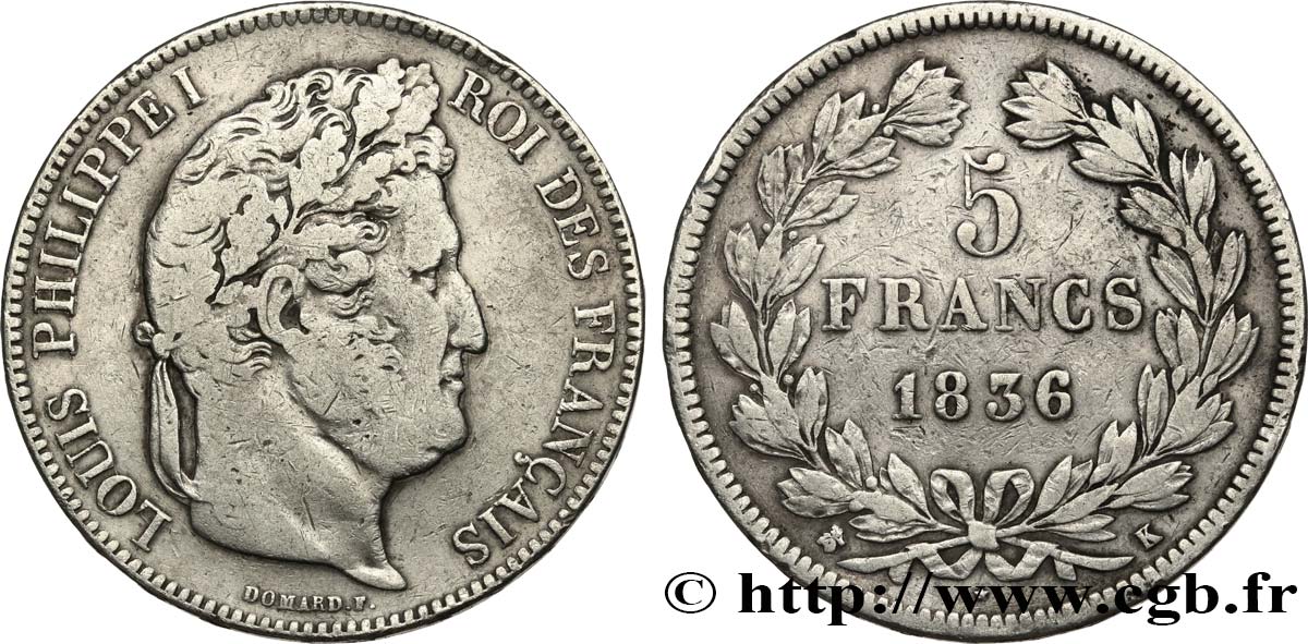 5 francs IIe type Domard 1836 Bordeaux F.324/57 TB 