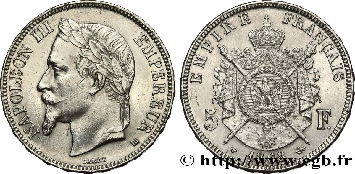 5 francs Napoléon III, tête laurée 1868 Strasbourg F.331/13 q.SPL 