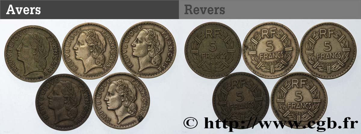 Lot de 7 pièces de 5 francs Lavrillier, bronze-aluminium - - F.337/- q.BB/BB 