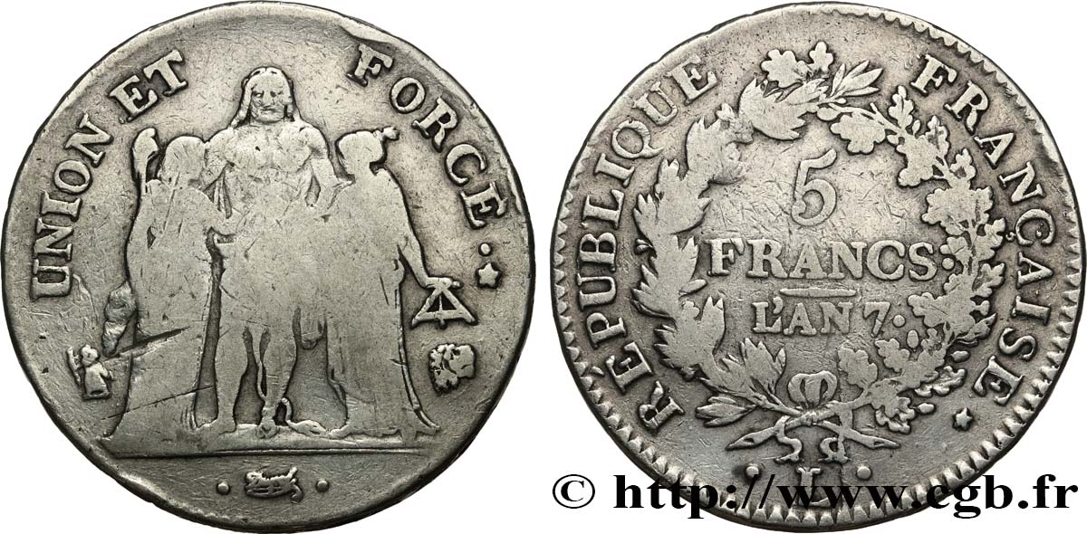 5 francs Union et Force, Union serré, seulement gland extérieur 1799 Bayonne F.288/112 fS 