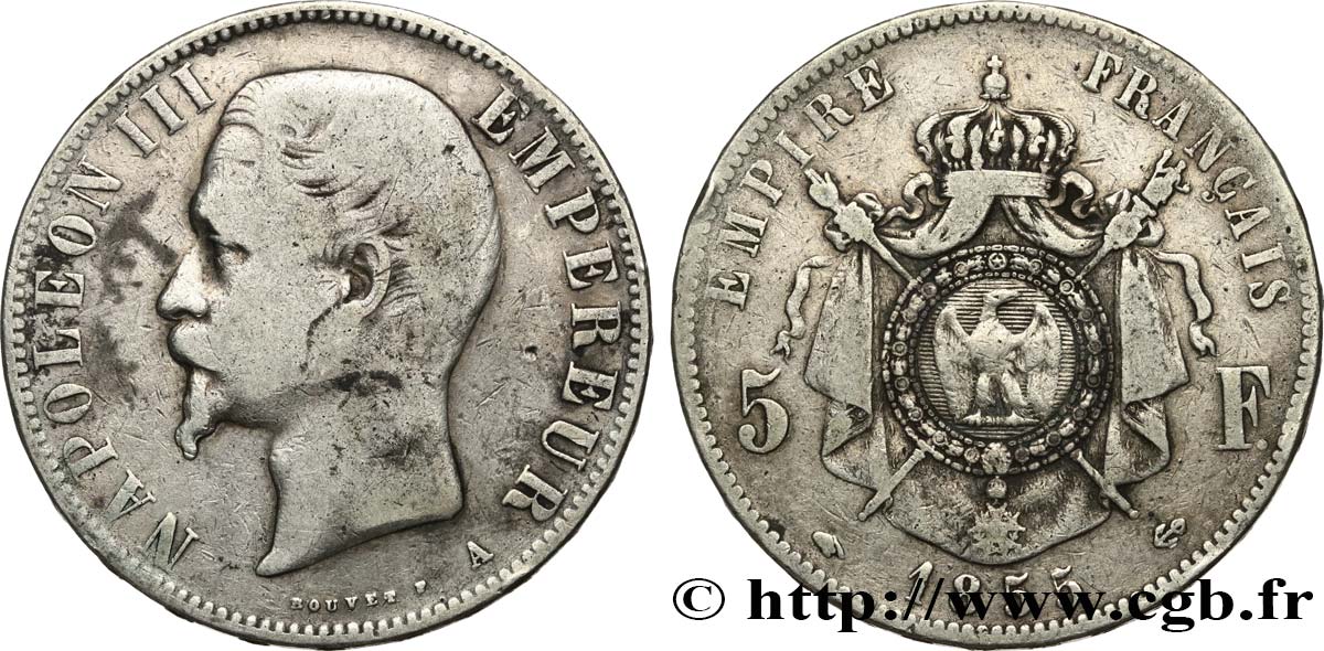5 francs Napoléon III, tête nue 1855 Paris F.330/3 TB15 