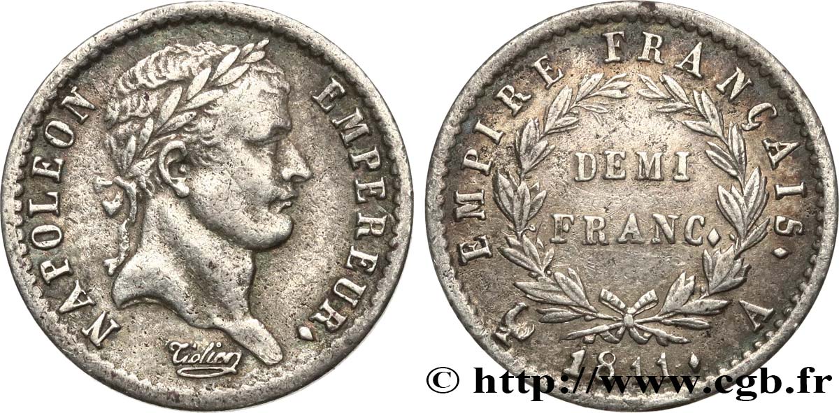 Demi-franc Napoléon Ier tête laurée, Empire français 1811 Paris F.178/21 MBC45 