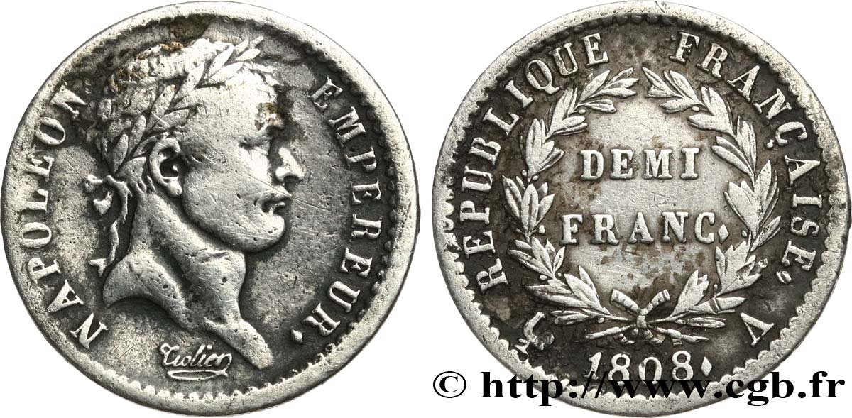 Demi-franc Napoléon Ier tête laurée, République française 1808 Paris F.177/2 BB 