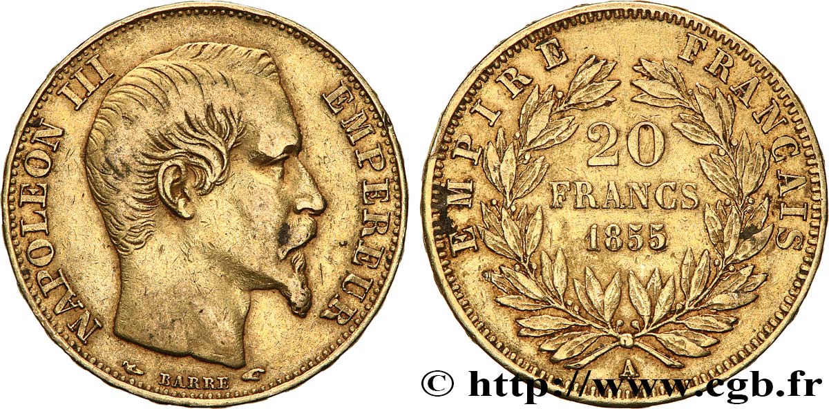 20 francs or Napoléon III, tête nue 1855 Paris F.531/3 VF35 