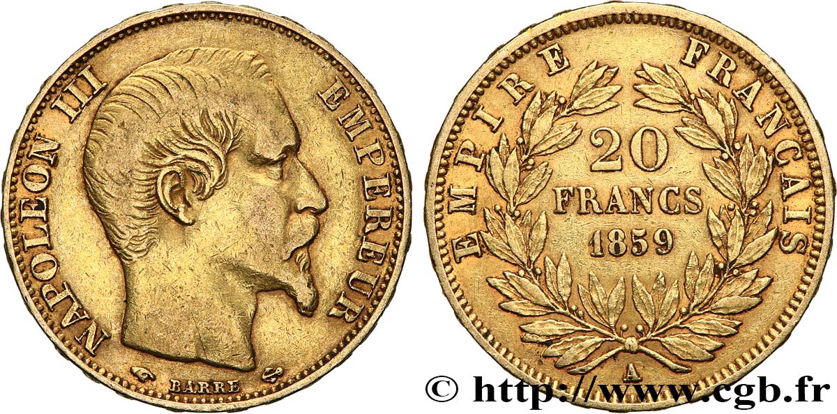 20 francs or Napoléon III, tête nue 1859 Paris F.531/15 fSS 
