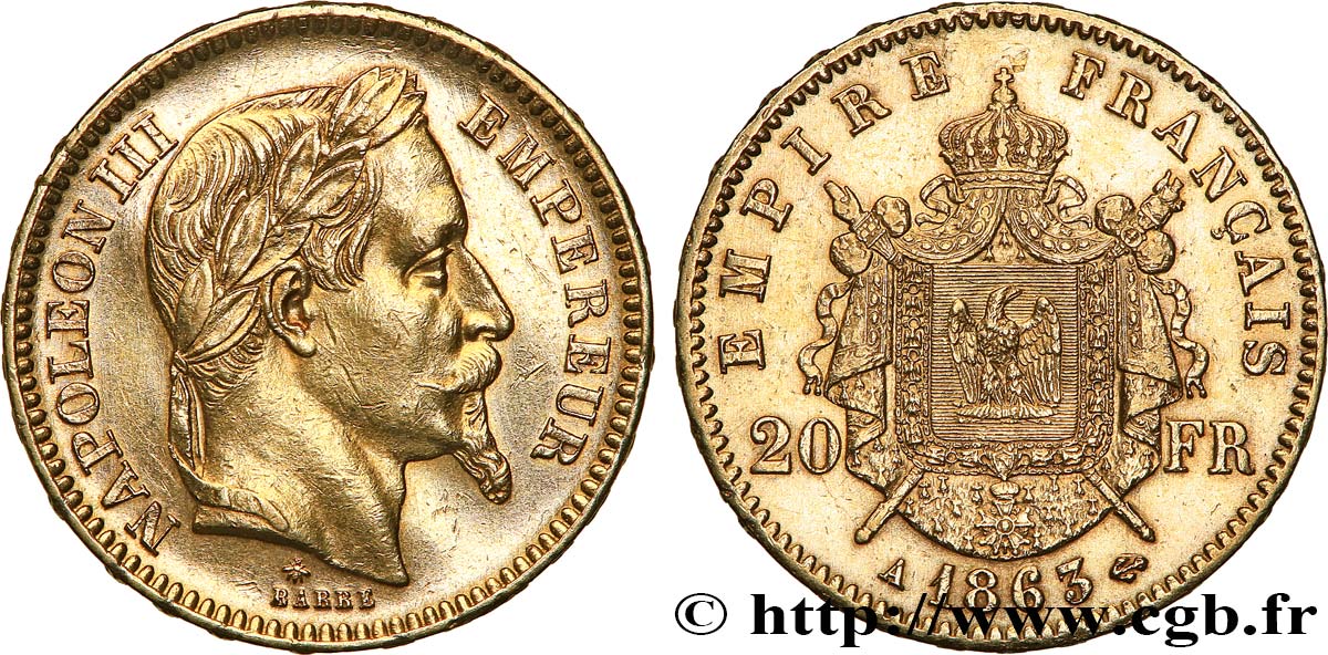 20 francs or Napoléon III, tête laurée 1863 Paris F.532/6 BB 