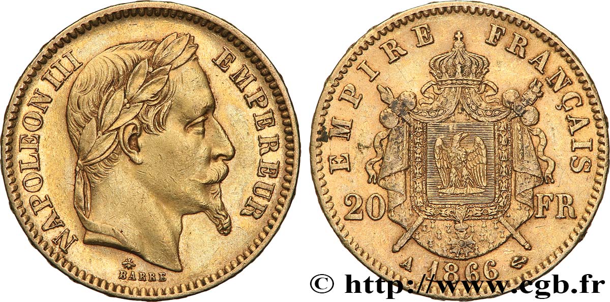 20 francs or Napoléon III, tête laurée 1866 Paris F.532/13 MBC+ 