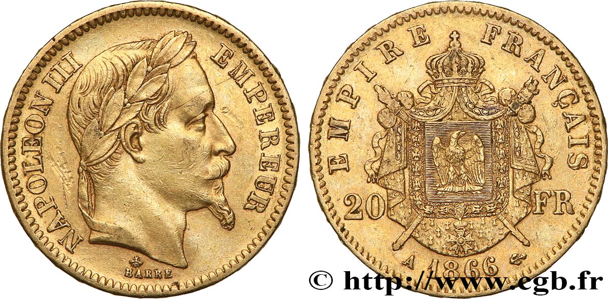 20 francs or Napoléon III, tête laurée 1866 Paris F.532/13 XF 