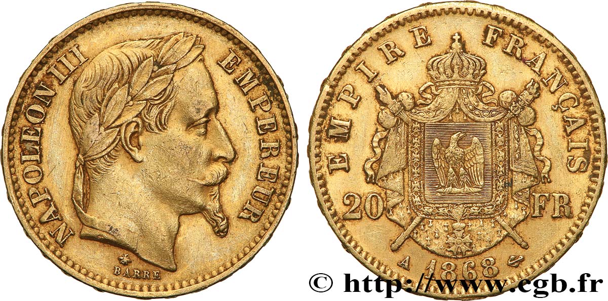 20 francs or Napoléon III, tête laurée 1868 Paris F.532/18 MBC 