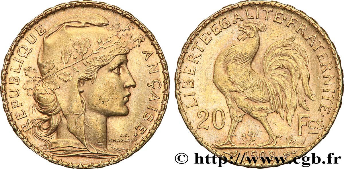 20 francs or Coq, Liberté Égalité Fraternité 1908 Paris F.535/2 VZ 