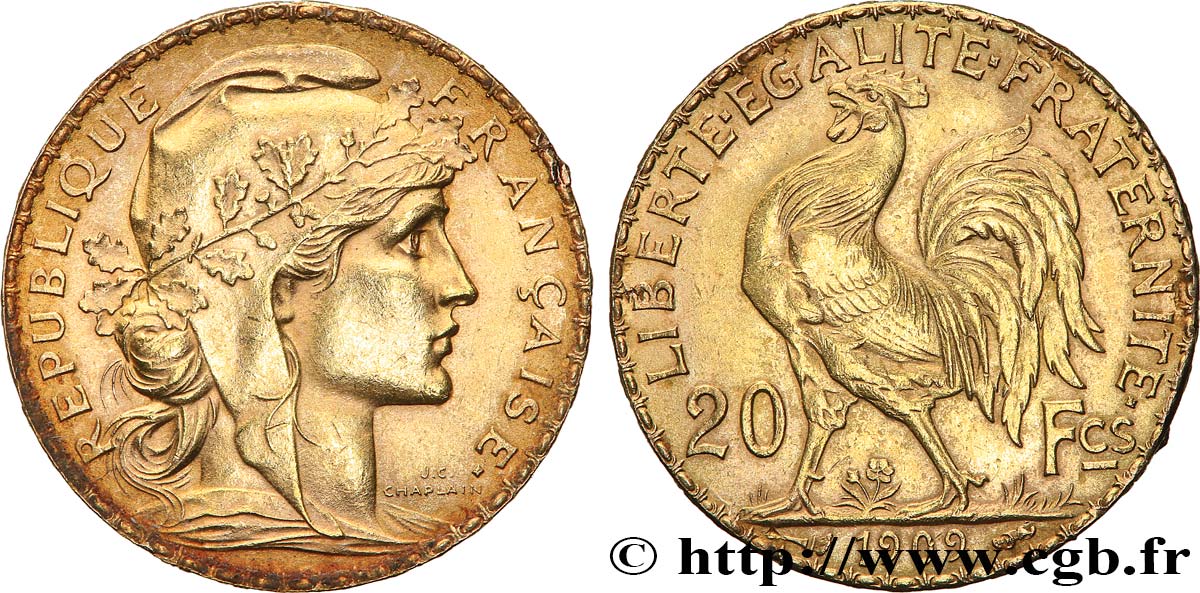 20 francs or Coq, Liberté Égalité Fraternité 1909 Paris F.535/3 fVZ 