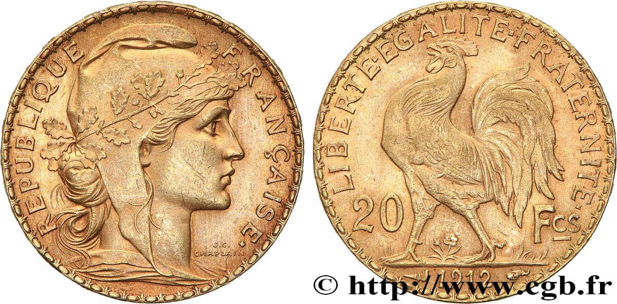 20 francs or Coq, Liberté Égalité Fraternité 1912 Paris F.535/6 TTB+ 