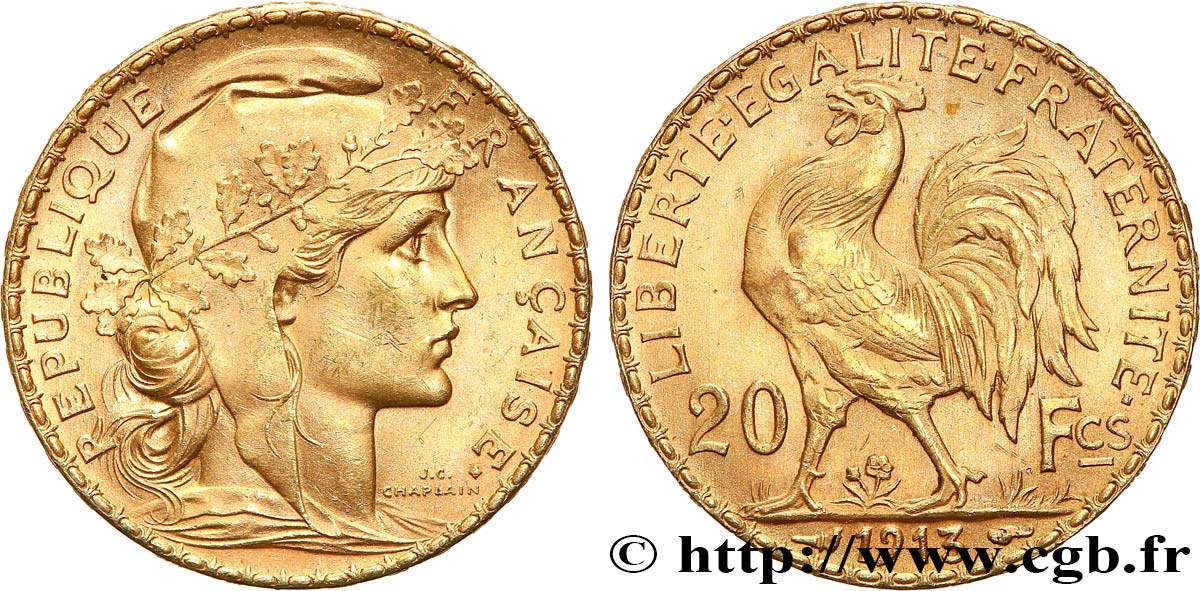 20 francs or Coq, Liberté Égalité Fraternité 1913 Paris F.535/7 MS 