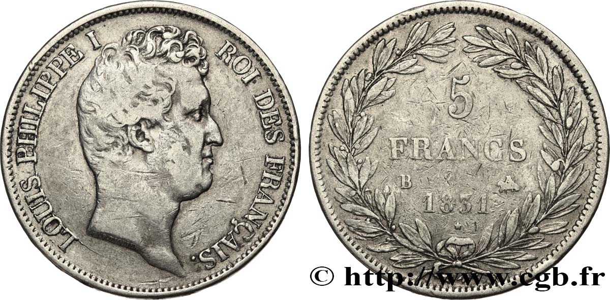 5 francs type Tiolier avec le I, tranche en relief 1831 Rouen F.316/3 MB 