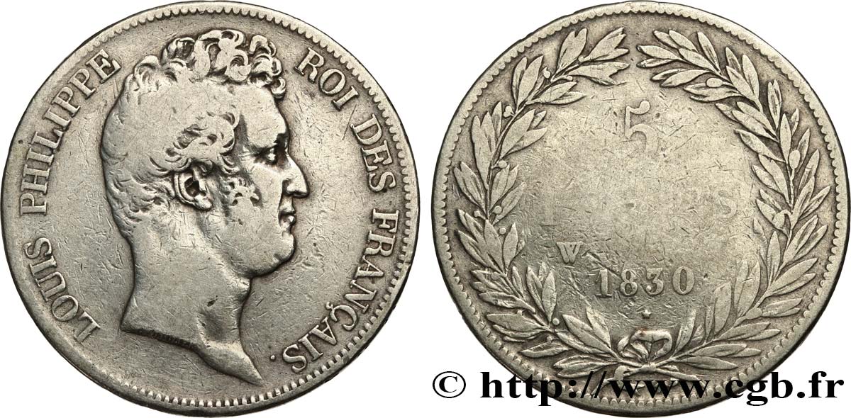 5 francs type Tiolier sans le I, tranche en creux 1830 Lille F.313/4 VF 