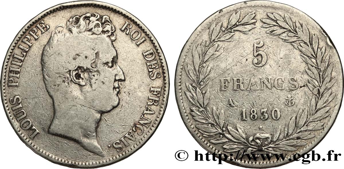 5 francs type Tiolier sans le I, tranche en relief 1830  Paris F.314/1 BC 