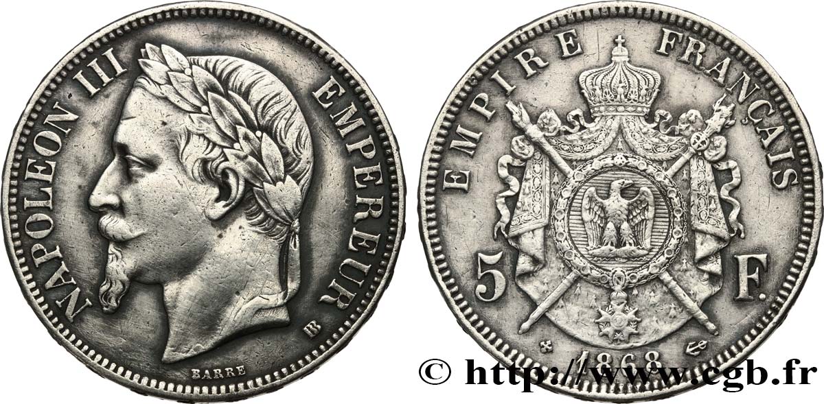 5 francs Napoléon III, tête laurée 1868 Strasbourg F.331/13 SS 
