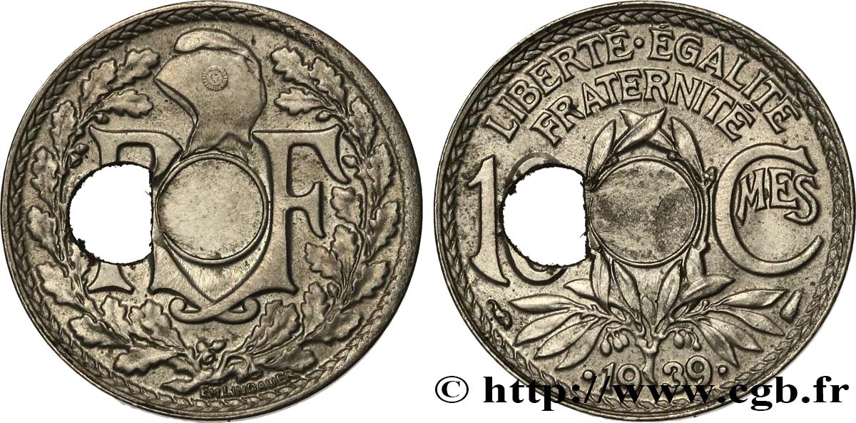 10 centimes Lindauer, maillechort, trou décentré 1939  F.139/3 SPL58 