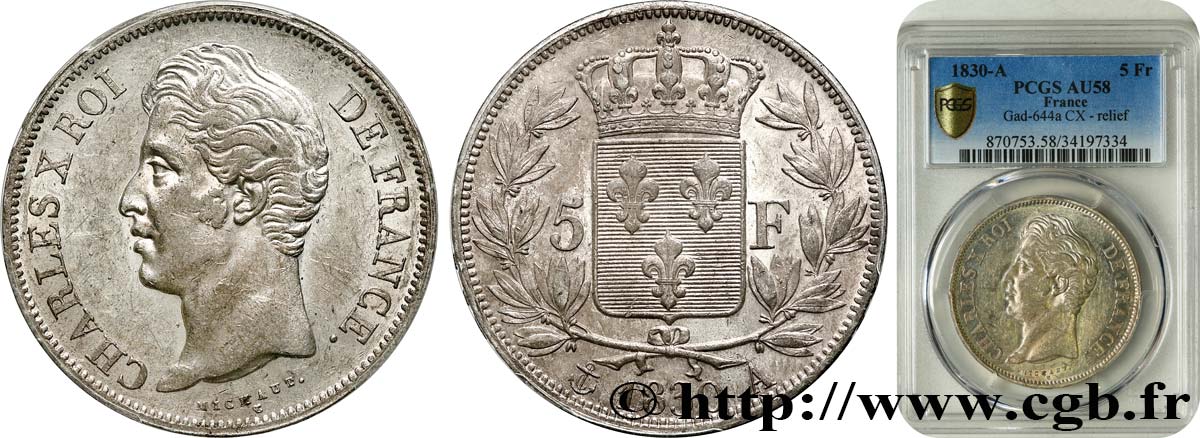5 francs Charles X 2e type, tranche en relief 1830 Paris F.312/1 SUP58 PCGS