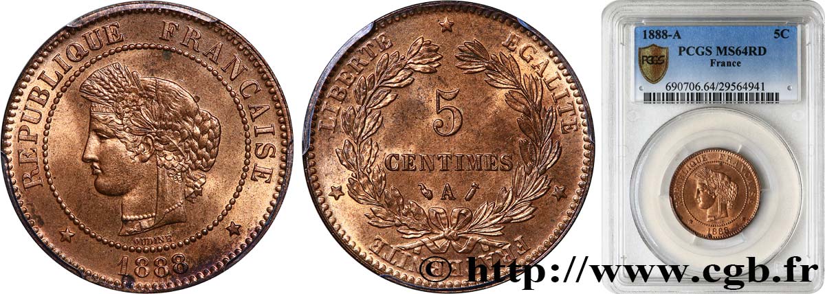 5 centimes Cérès 1888 Paris F.118/30 SC64 PCGS