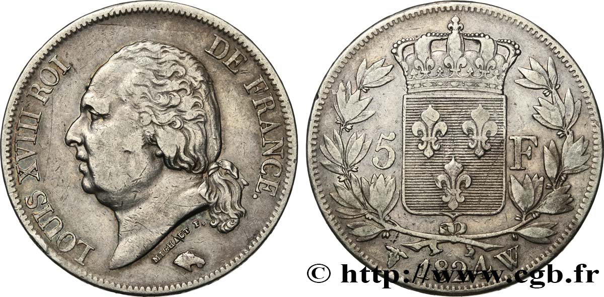 5 francs Louis XVIII, tête nue 1824 Lille F.309/98 BC+ 