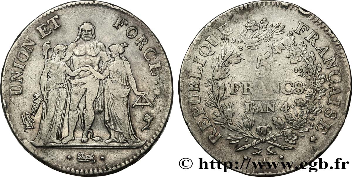 5 francs Union et Force, Union serré, avec glands intérieurs et gland extérieur 1796 Paris F.288/2 fSS 