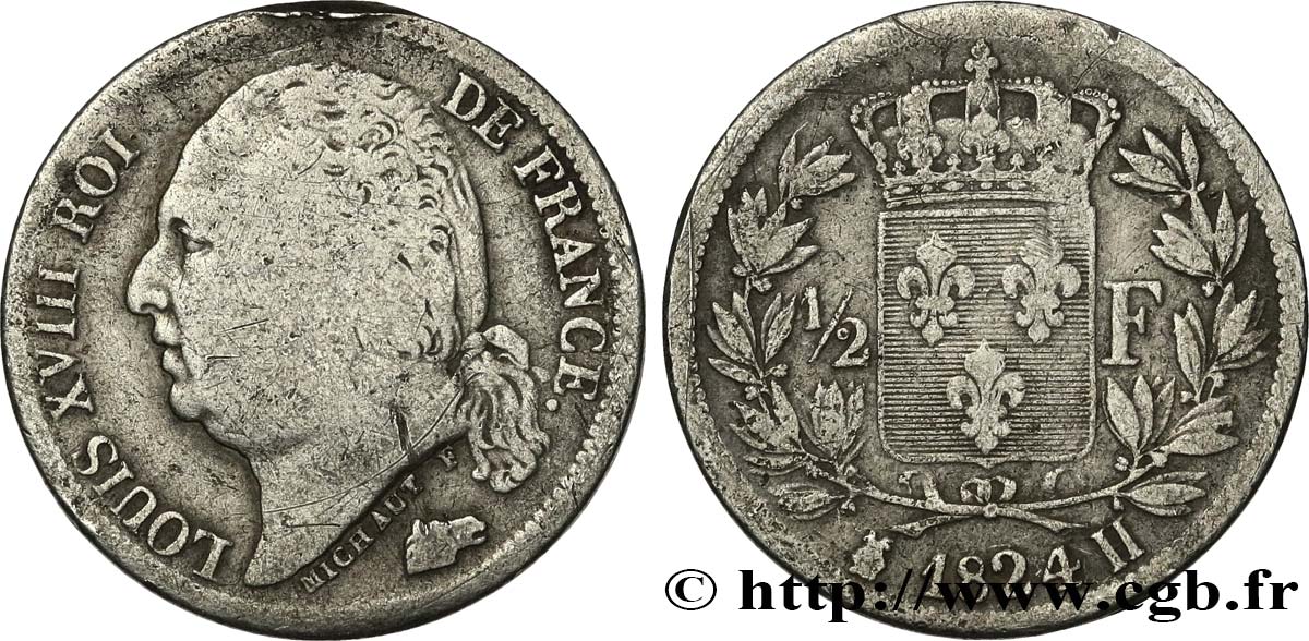 1/2 franc Louis XVIII 1824 La Rochelle F.179/46 B+ 