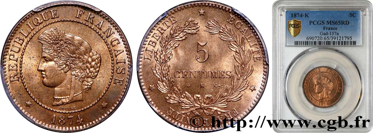 5 centimes Cérès 1874 Bordeaux F.118/10 ST65 PCGS