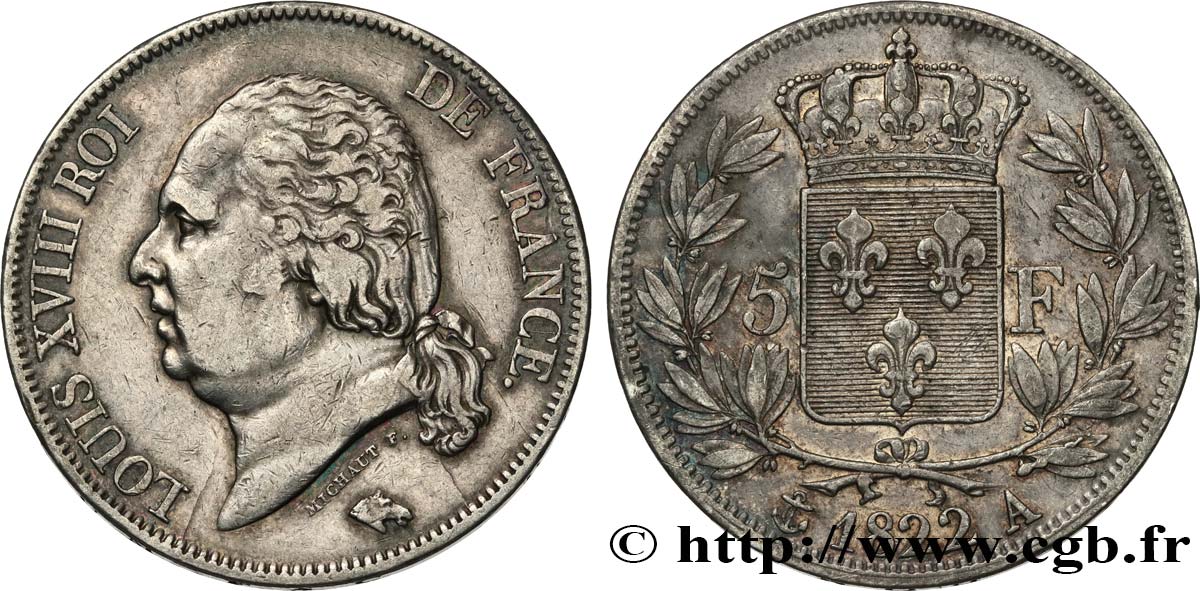 5 francs Louis XVIII, tête nue 1822 Paris F.309/68 SS45 