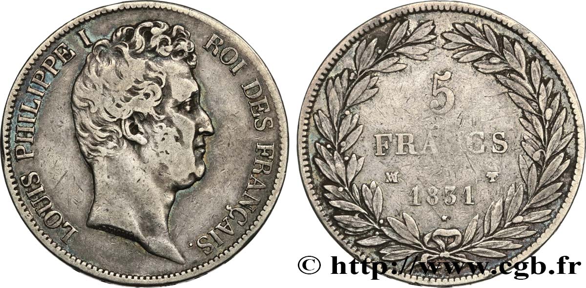 5 francs type Tiolier avec le I, tranche en creux 1831 Marseille F.315/24 VF30 