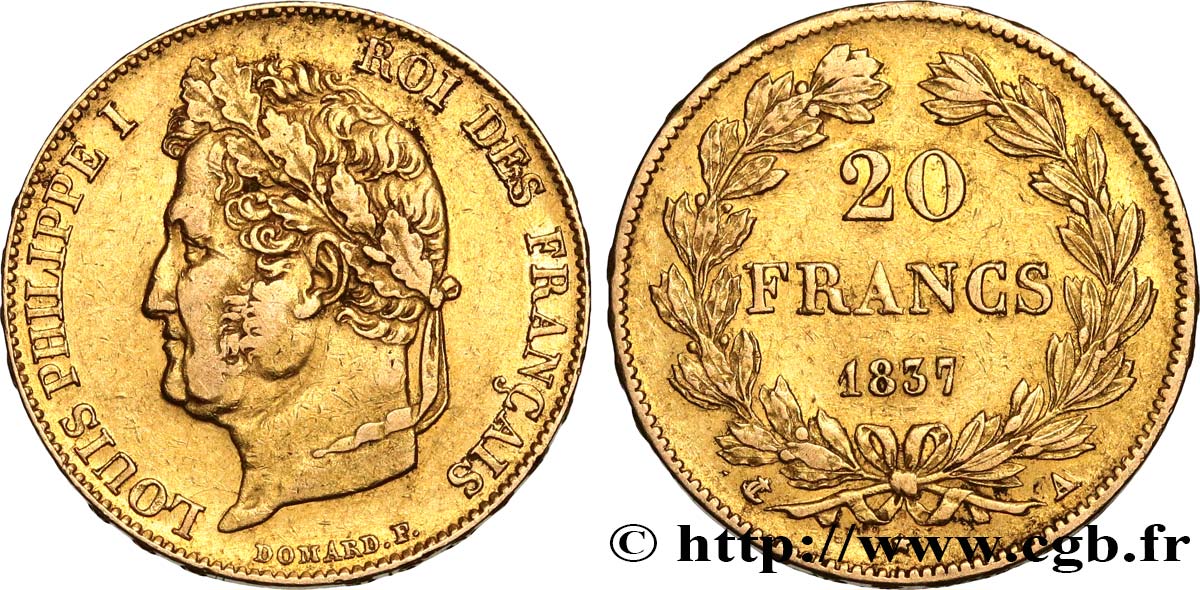 20 francs or Louis-Philippe, Domard 1837 Paris F.527/16 XF 