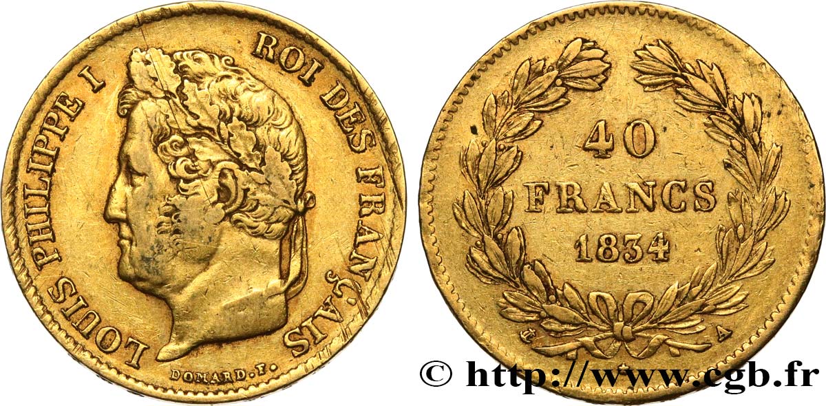 40 francs or Louis-Philippe 1834 Paris F.546/6 BC35 