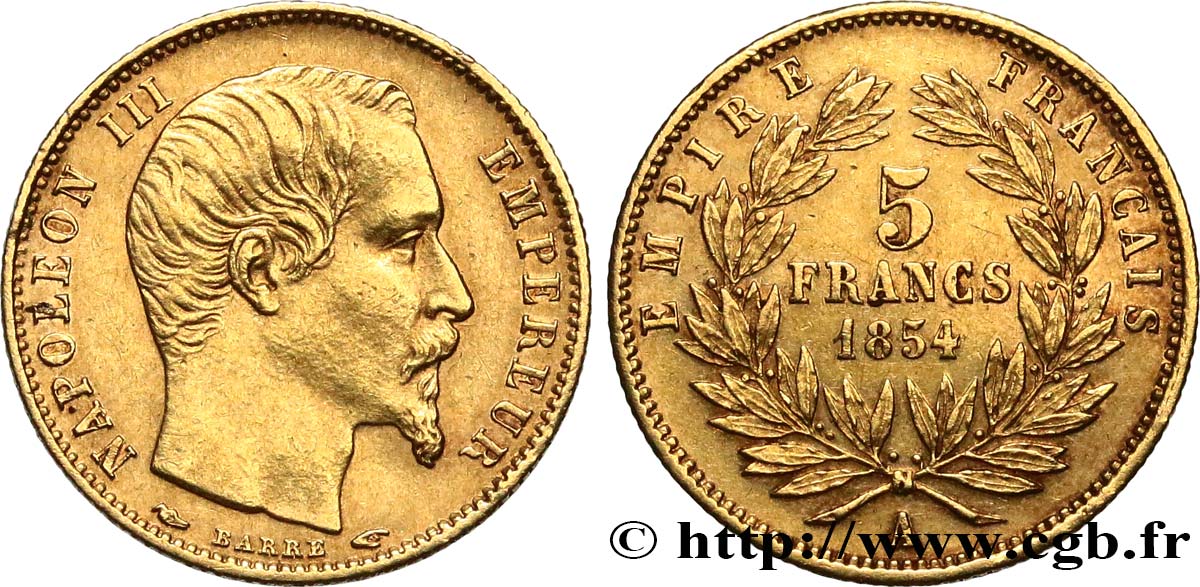 5 francs or Napoléon III, tête nue, petit module, tranche cannelée 1854 Paris F.500A/1 q.SPL 
