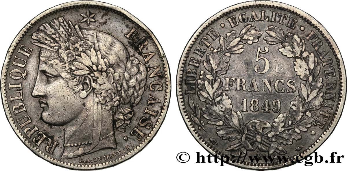 5 francs Cérès, IIe République 1849 Paris F.327/1 XF40 