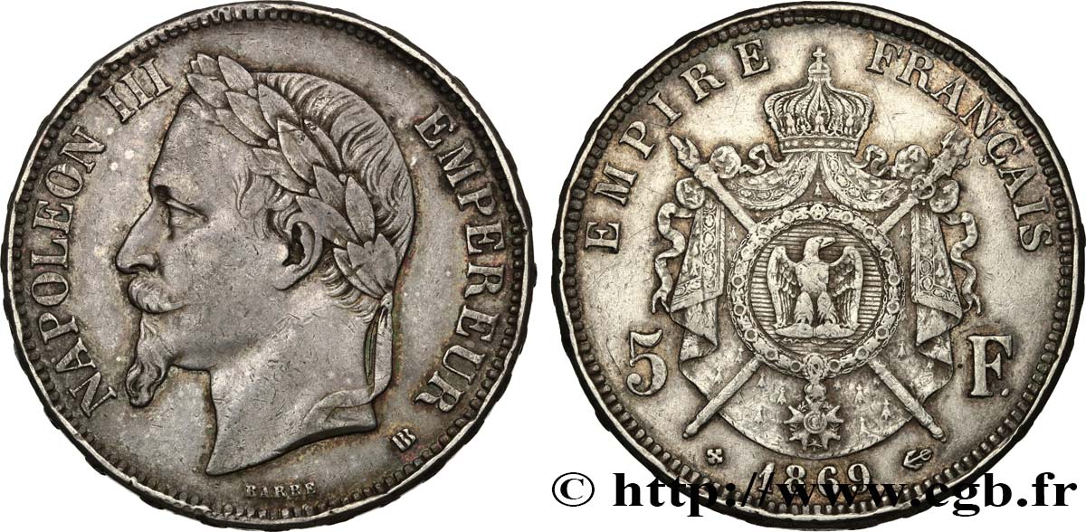 5 francs Napoléon III, tête laurée 1869 Strasbourg F.331/15 TTB 