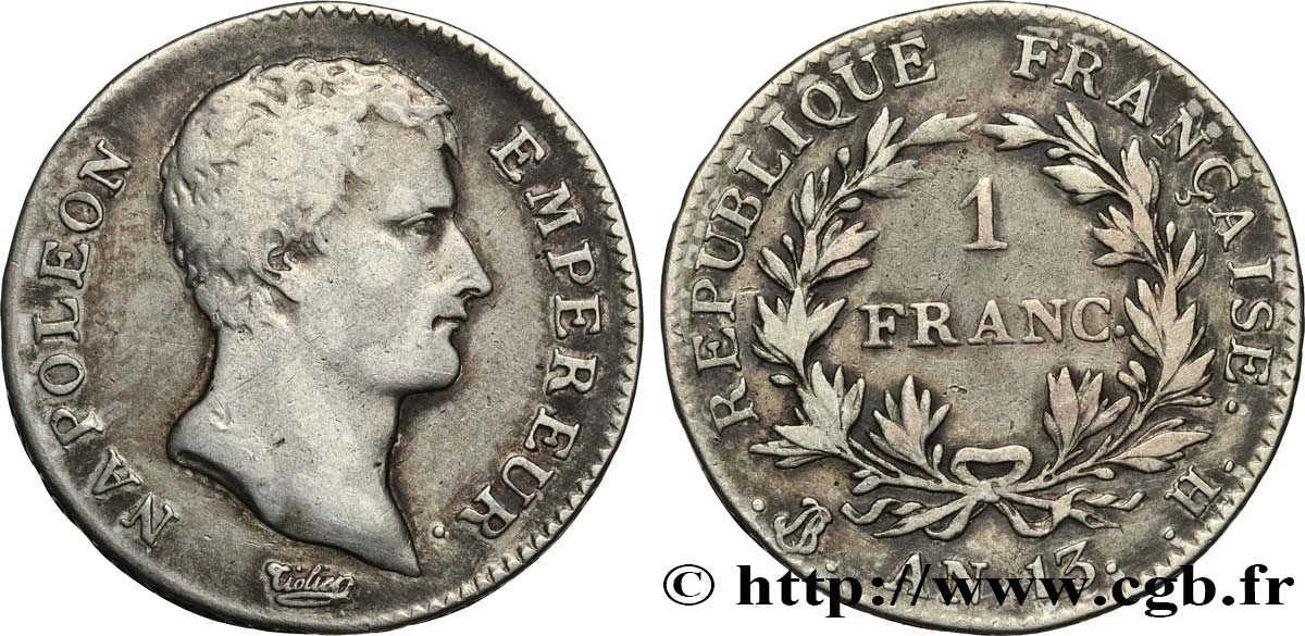1 franc Napoléon Empereur, Calendrier révolutionnaire 1805 La Rochelle F.201/19 TB 