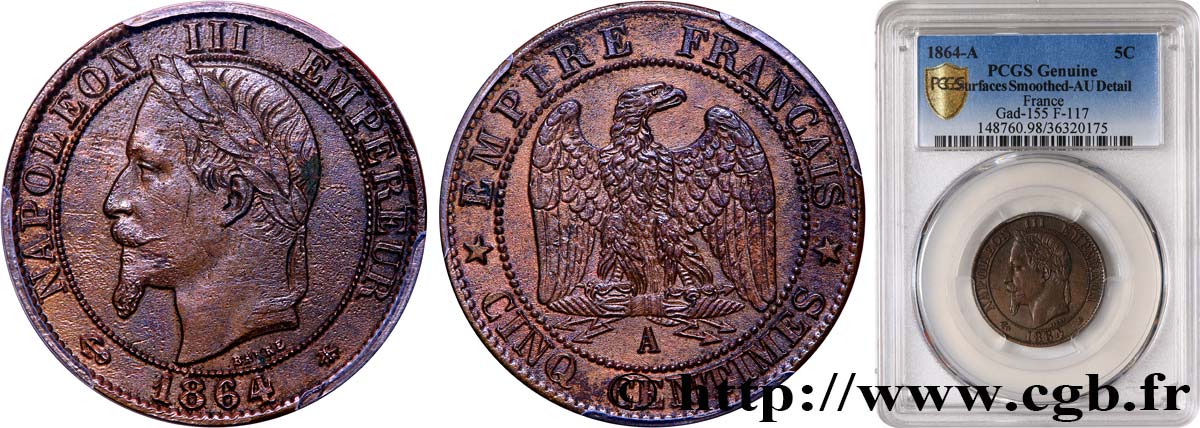 Cinq centimes Napoléon III, tête laurée 1864 Paris F.117/13 fVZ PCGS