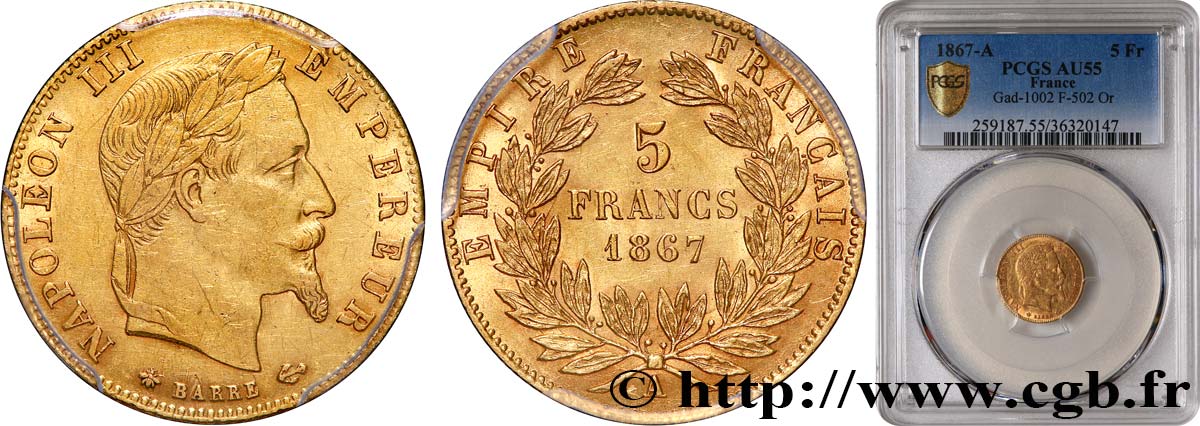 5 francs or Napoléon III, tête laurée 1867 Paris F.502/11 EBC55 PCGS